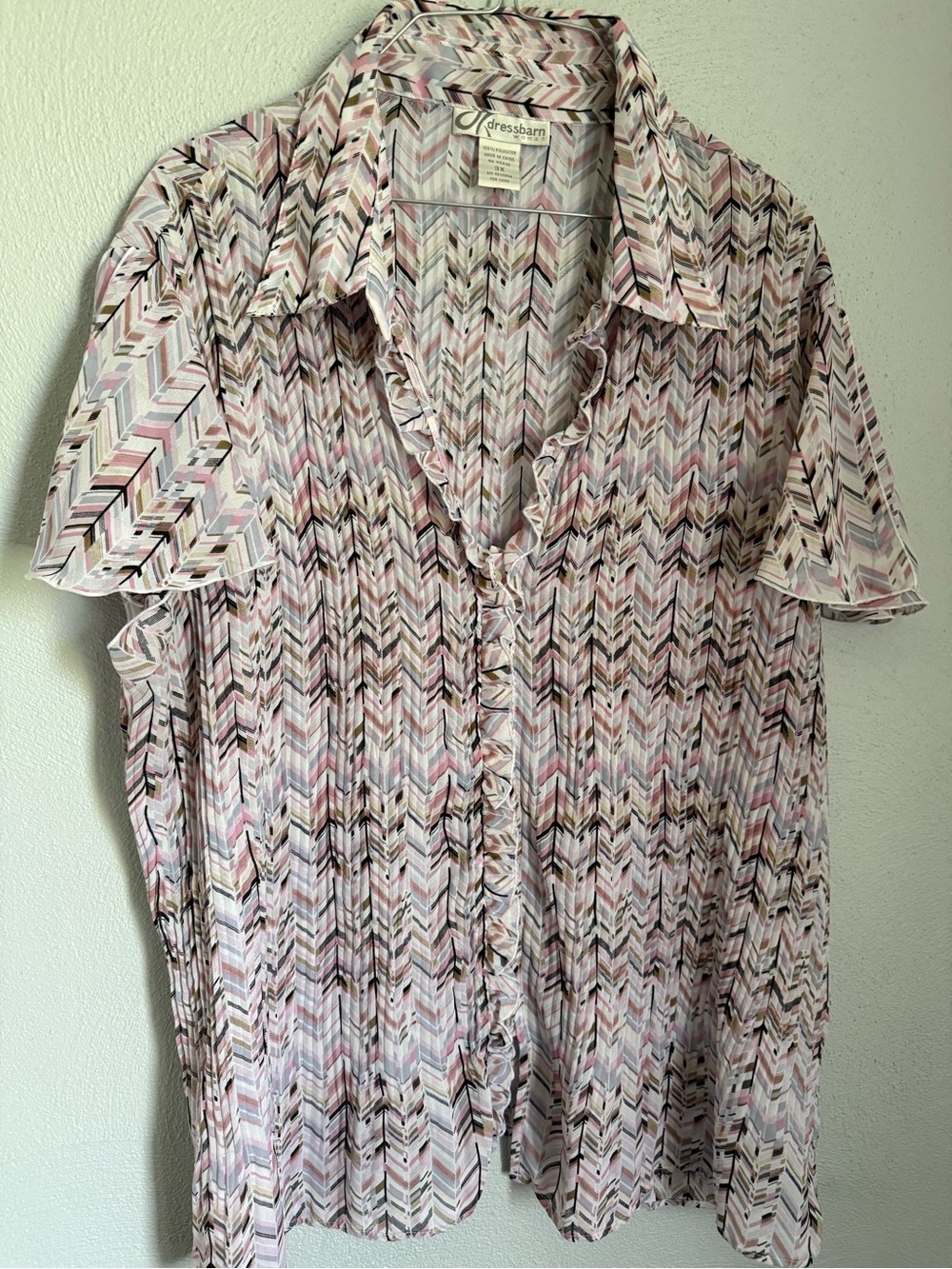 dressbarn Pastel Chevron Ruffle Sheer Button-Up Top